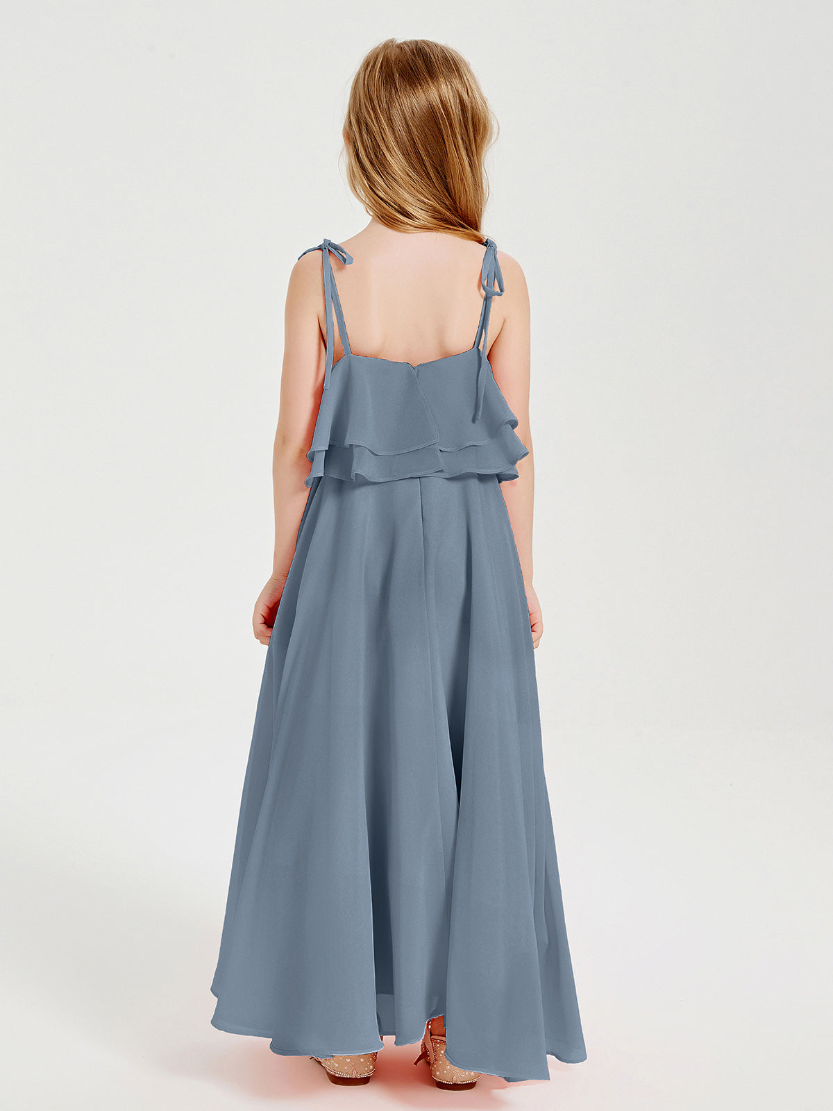 Chiffon Junior Bridesmaid Dresses Long Cascading Skirt Dusty Blue